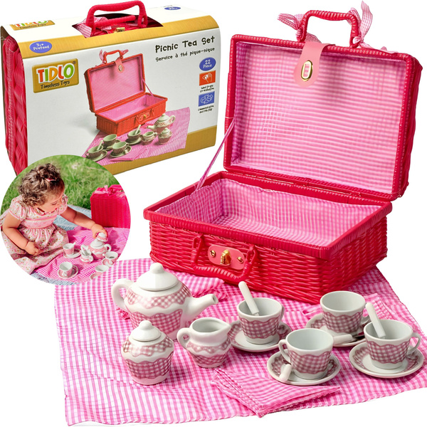 KOSZ PIKNIKOWY Dla Dzieci – Porcelanowy Serwis + Obrus 22 el. Różowy