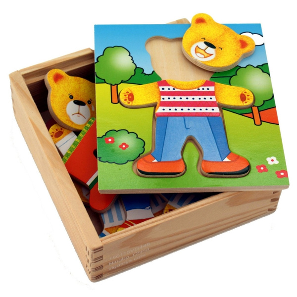 Drewniane Puzzle Układanka Edukacyjna Ubierz Misia
