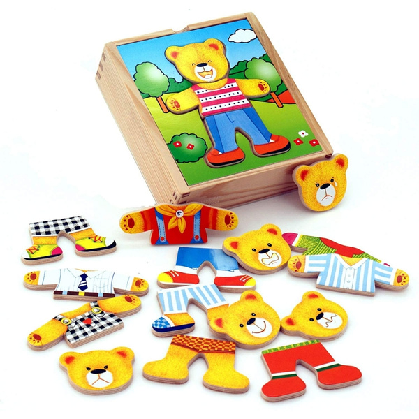 Drewniane Puzzle Układanka Edukacyjna Ubierz Misia